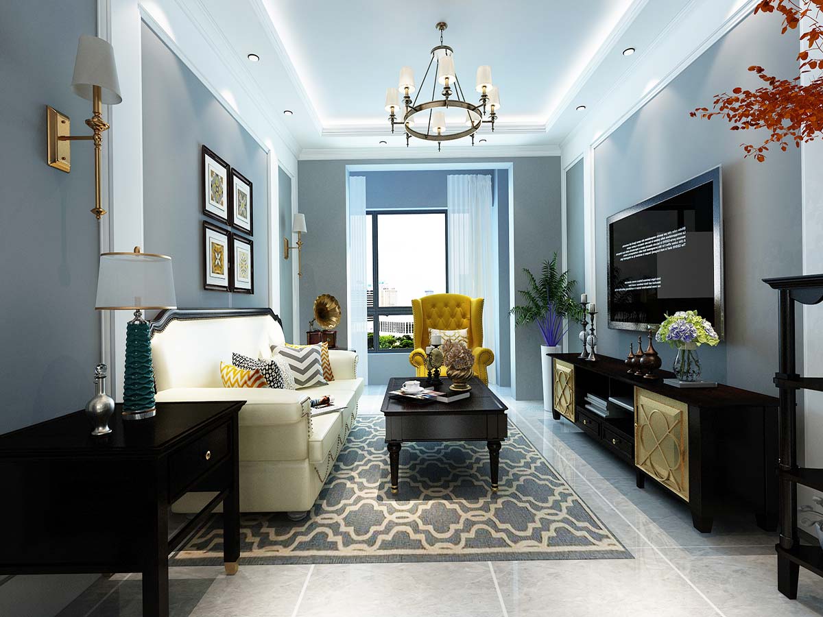 林凤装饰富禹•依云蓝湾123㎡户型美式风格客厅装修案例