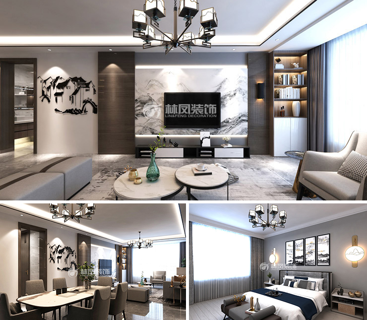 沈阳富力院士廷138平新中式风格装修效果图